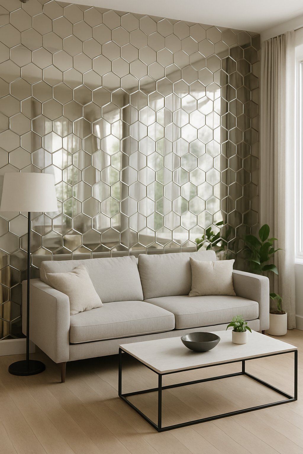 Living room with an accent wall made of mirrored hexagon tiles, a sofa, coffee table, and indoor plants.