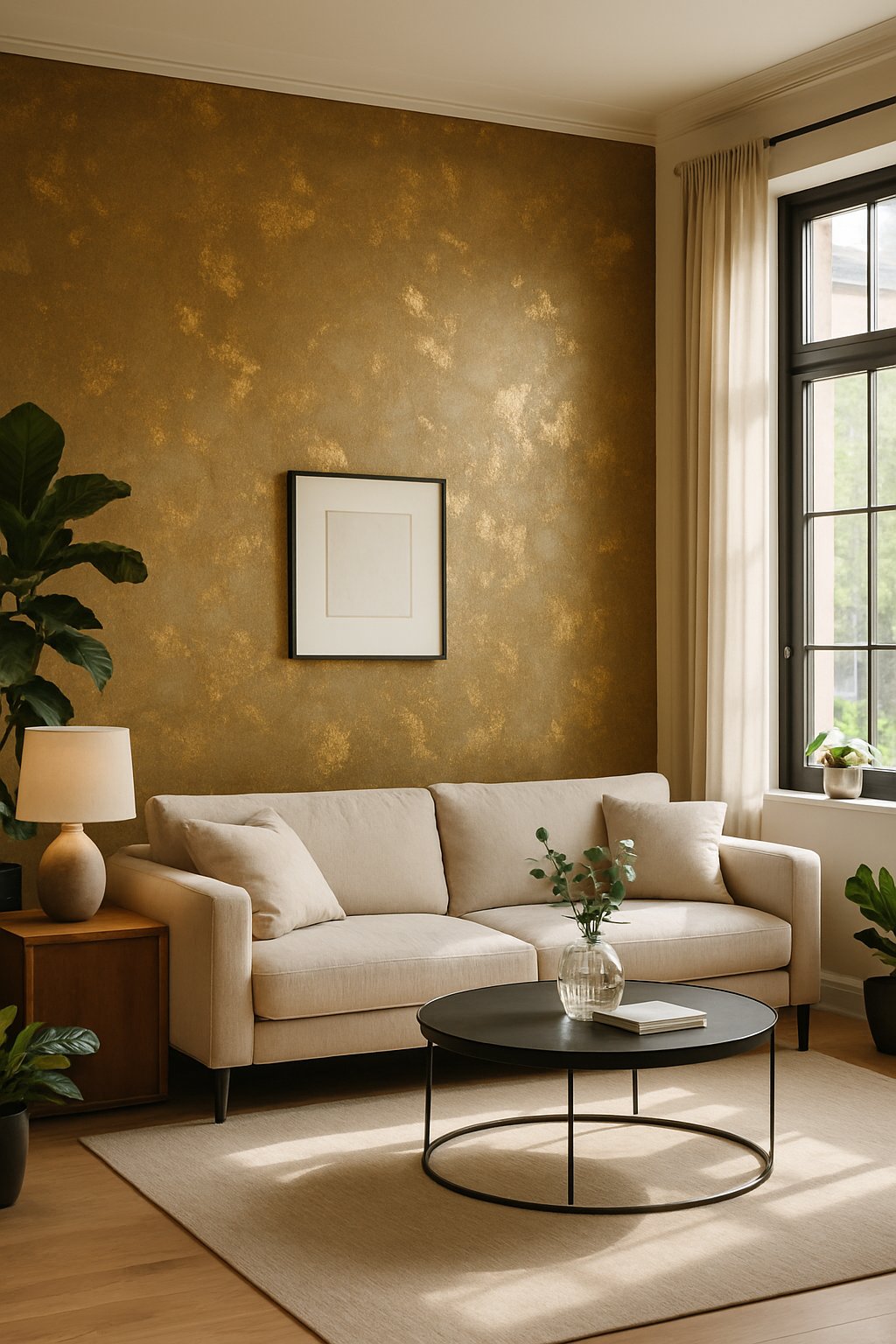 Living room with a gold leaf accent wall, sofa, coffee table, plants, and natural light coming through large windows.