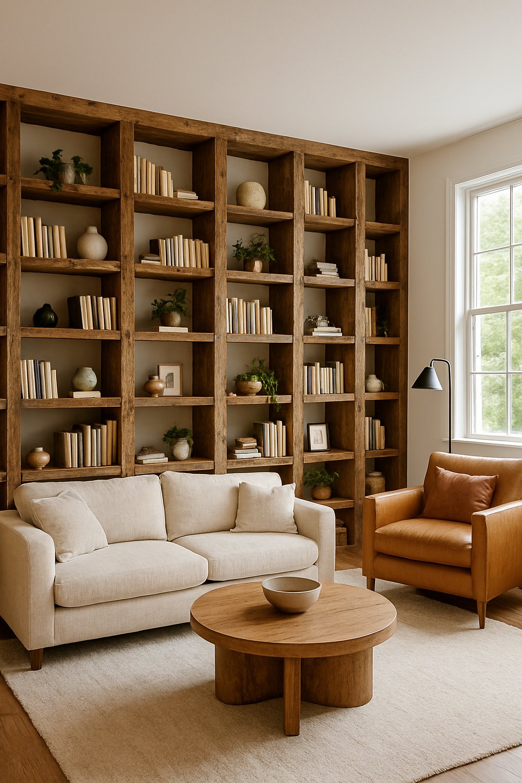Living room with a large wall of built-in wooden shelves filled with books, plants, and decorative items.