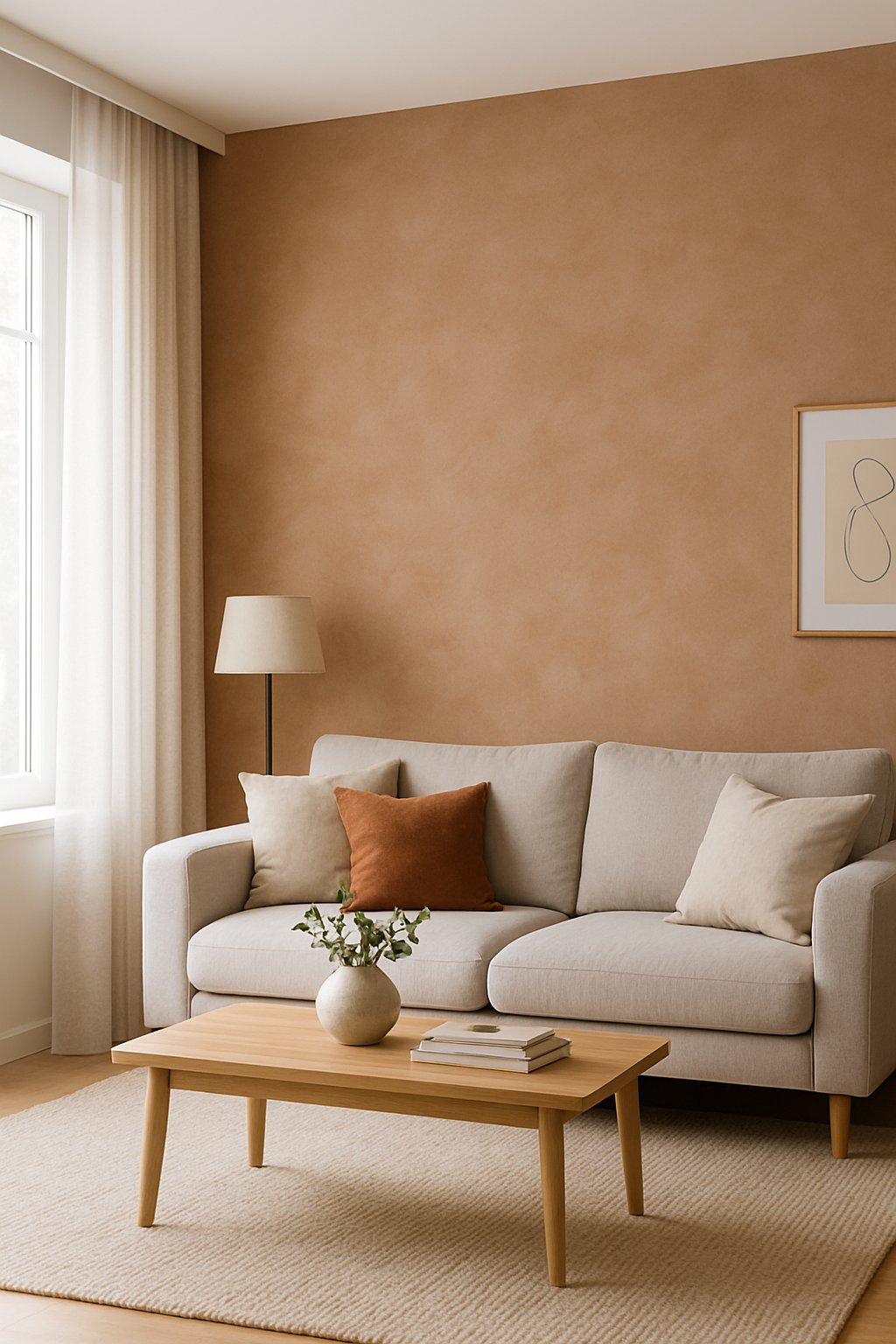 Living room with a textured beige plaster accent wall, a gray sofa, wooden coffee table, and natural light coming through large windows.