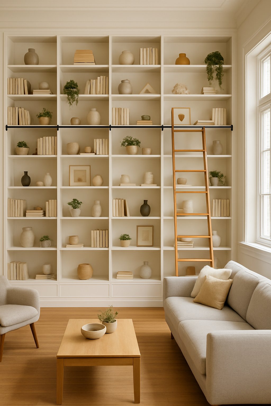 Living room with built-in shelves and a ladder rail system filled with books and decorative items.