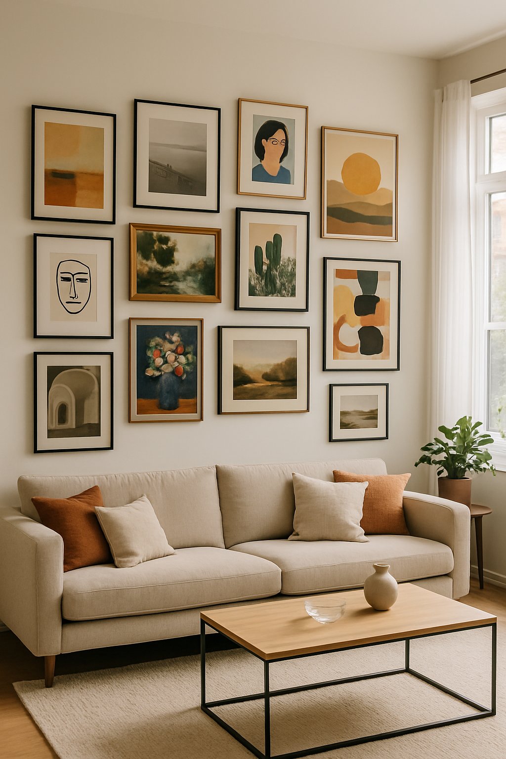Living room with a large accent wall covered in a variety of framed artworks arranged in a gallery style, featuring a sofa and coffee table in front.