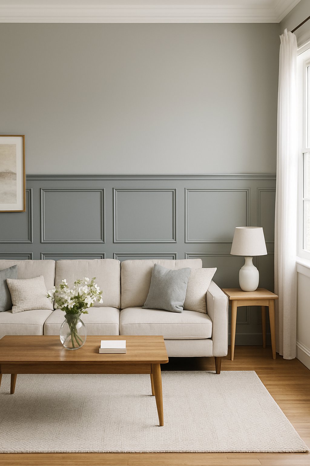 Living room with a soft gray wainscoted accent wall, sofa, coffee table, and natural light from windows.