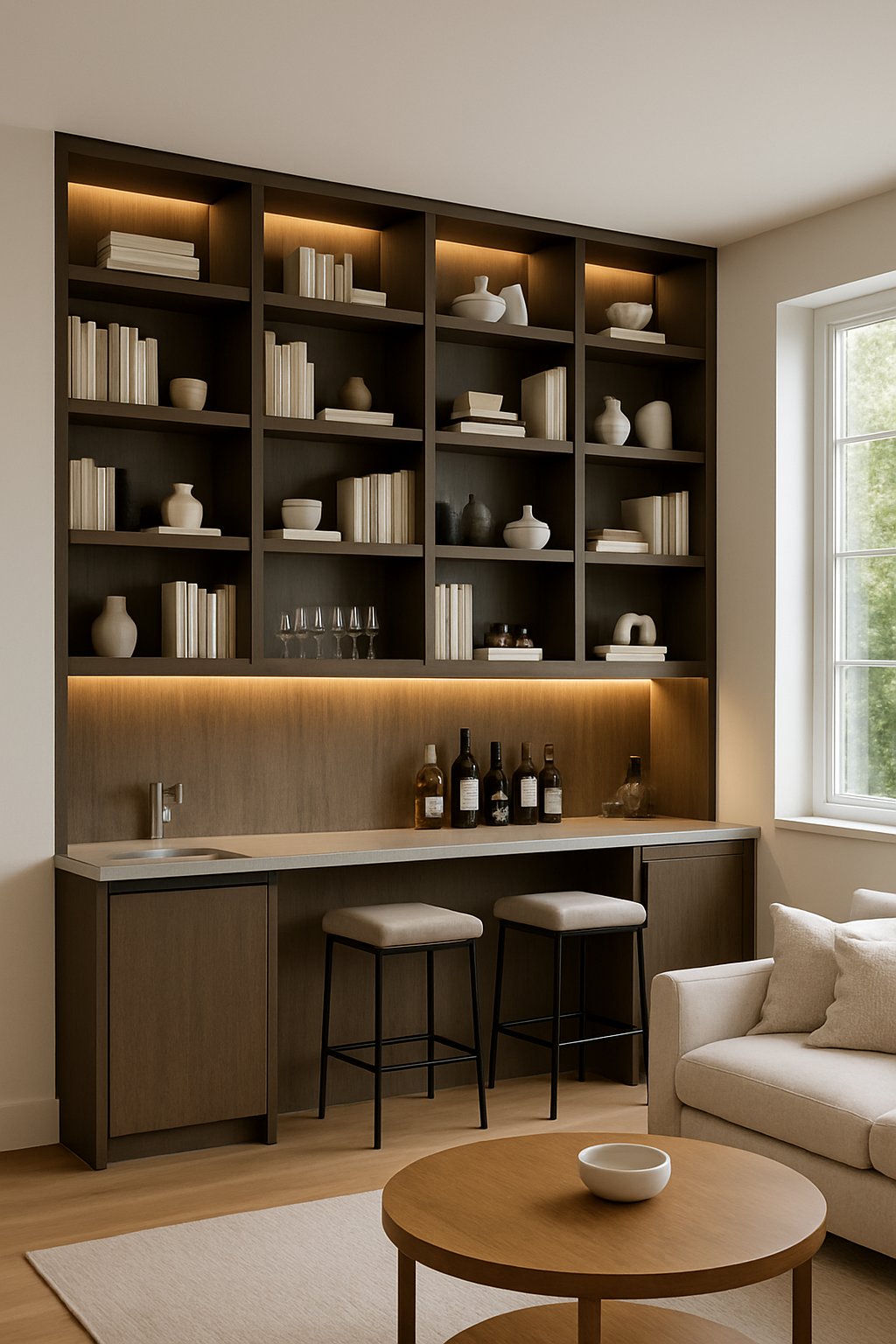 Living room with built-in shelves and a home bar featuring multiple shelves filled with books, glassware, and bottles, along with a countertop and bar stools.