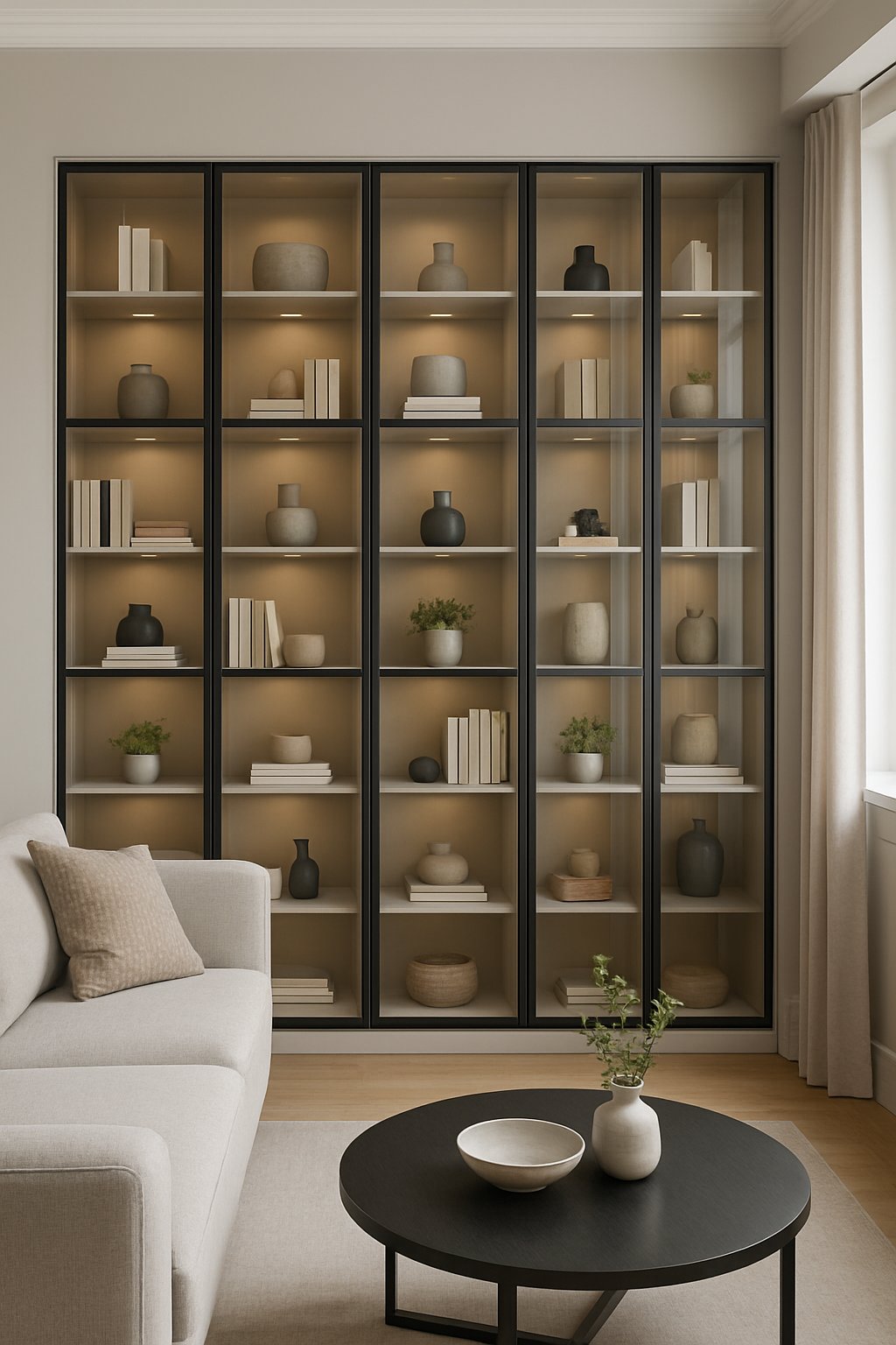 Living room with large built-in glass-front display shelves filled with books and decorative items.