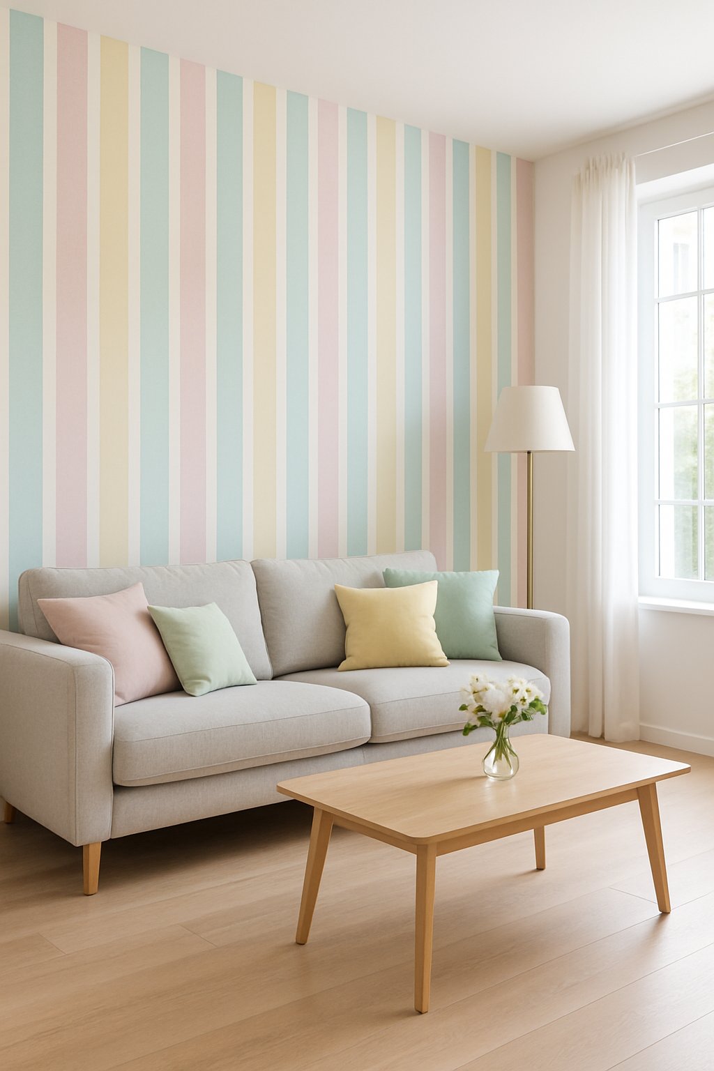 Living room with a pastel striped accent wall, a gray sofa, coffee table, and natural light coming through large windows.