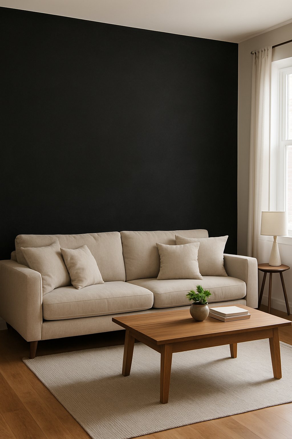 Living room with a black chalkboard paint accent wall behind a sofa and coffee table.