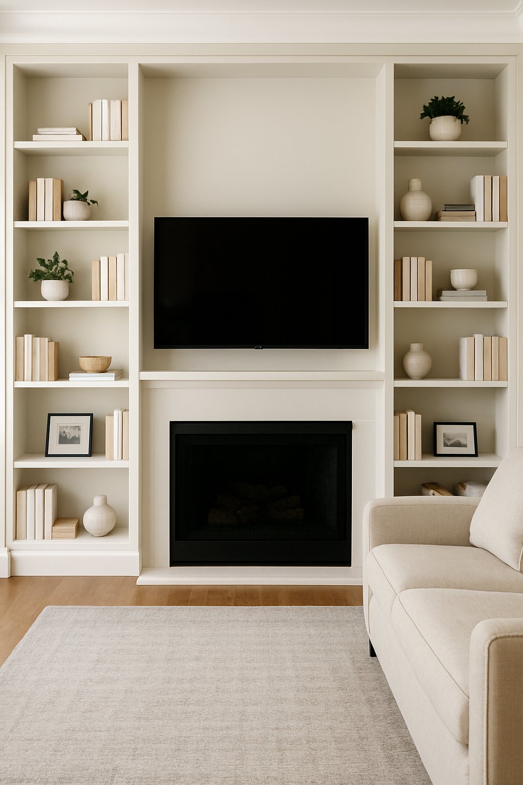 Living room with symmetrical built-in shelves on both sides of a TV, filled with books and decorative items.