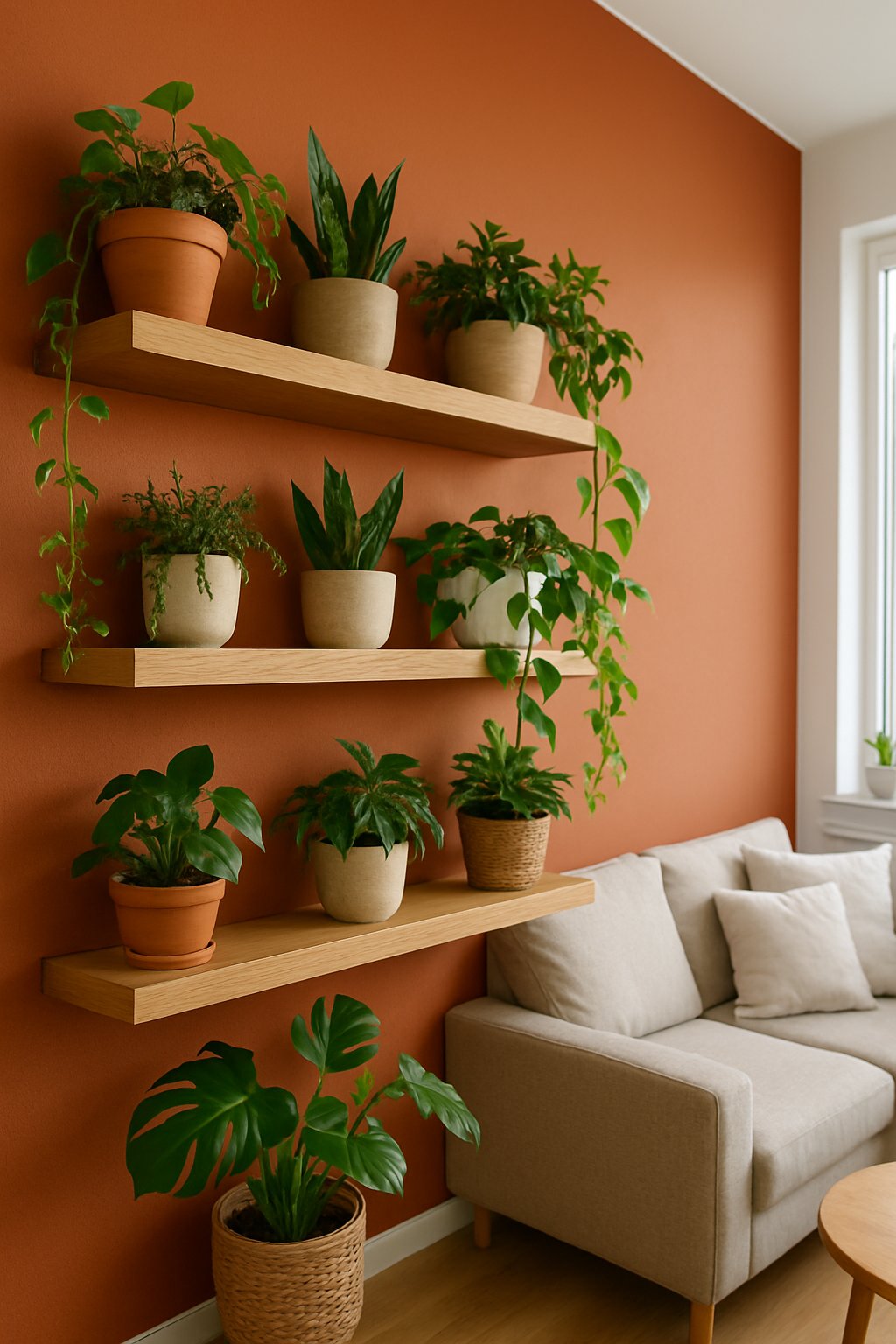 Living room with floating wooden shelves on a colorful accent wall, decorated with various indoor plants.