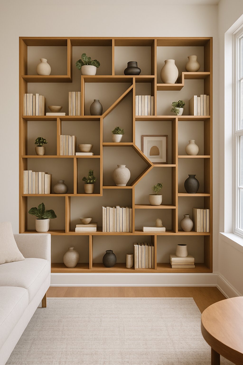 Living room with 23 built-in shelves arranged in geometric patterns, filled with books and decorative items.
