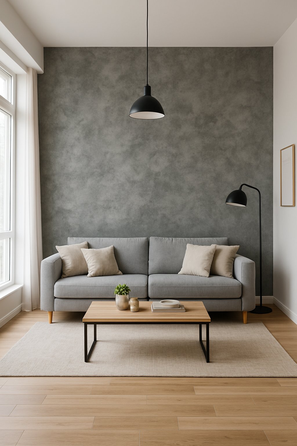 A spacious living room with a gray textured accent wall, a gray sofa, a wooden coffee table, and large windows letting in natural light.