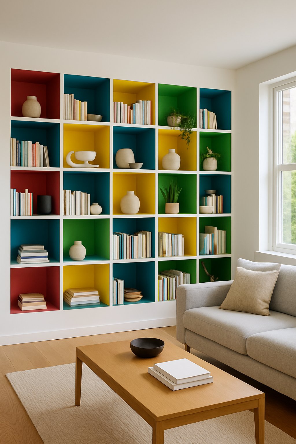 Living room with 23 built-in shelves painted in bold contrasting colors, filled with books and decorative items.
