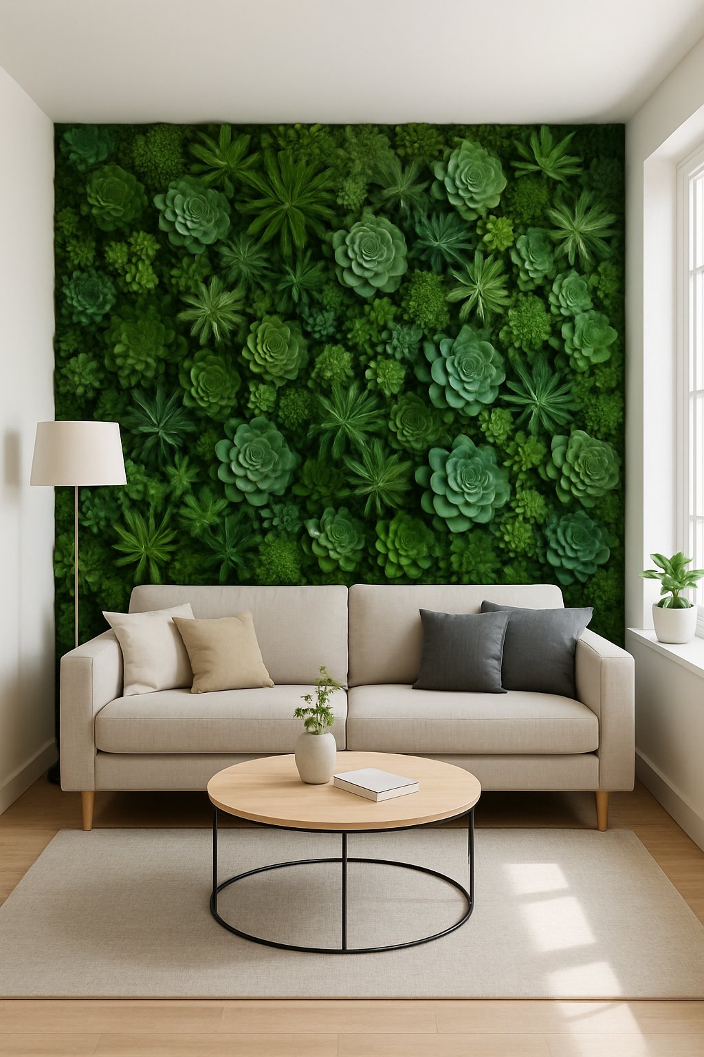 Living room with a vertical garden accent wall filled with various succulents behind a sofa.
