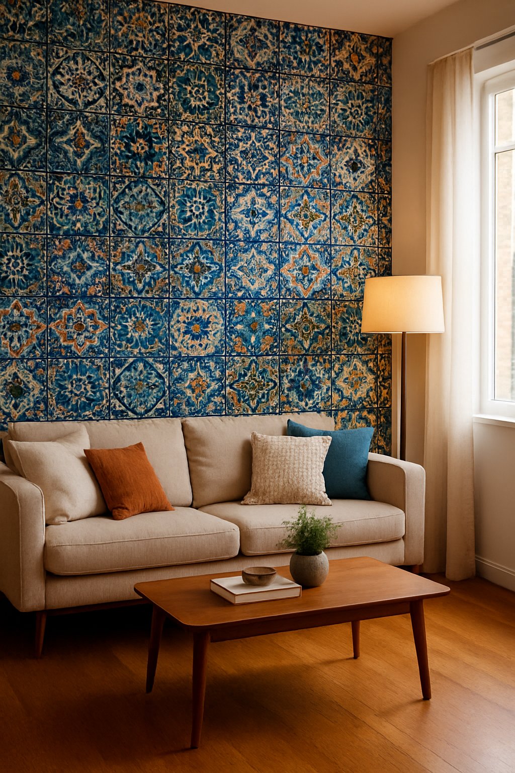 Living room with a beige sofa and a colorful Moroccan tile accent wall behind it, featuring natural light coming through a large window.