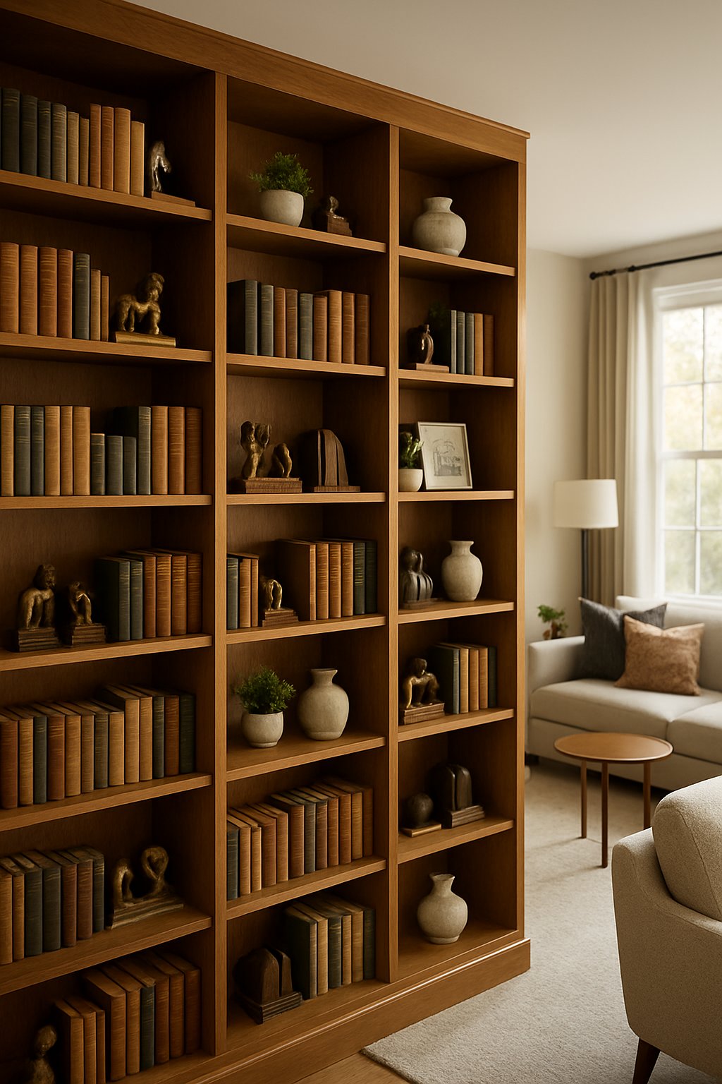 Living room with built-in shelves filled with vintage bookends, books, and decorative items.