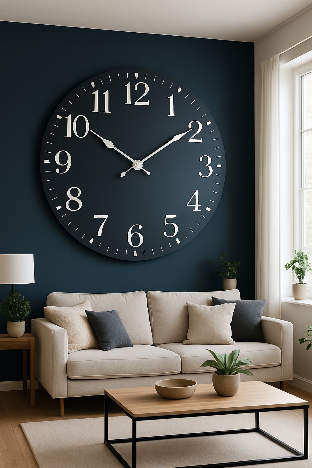 A living room with a large clock mounted on a dark accent wall above a sofa and coffee table.