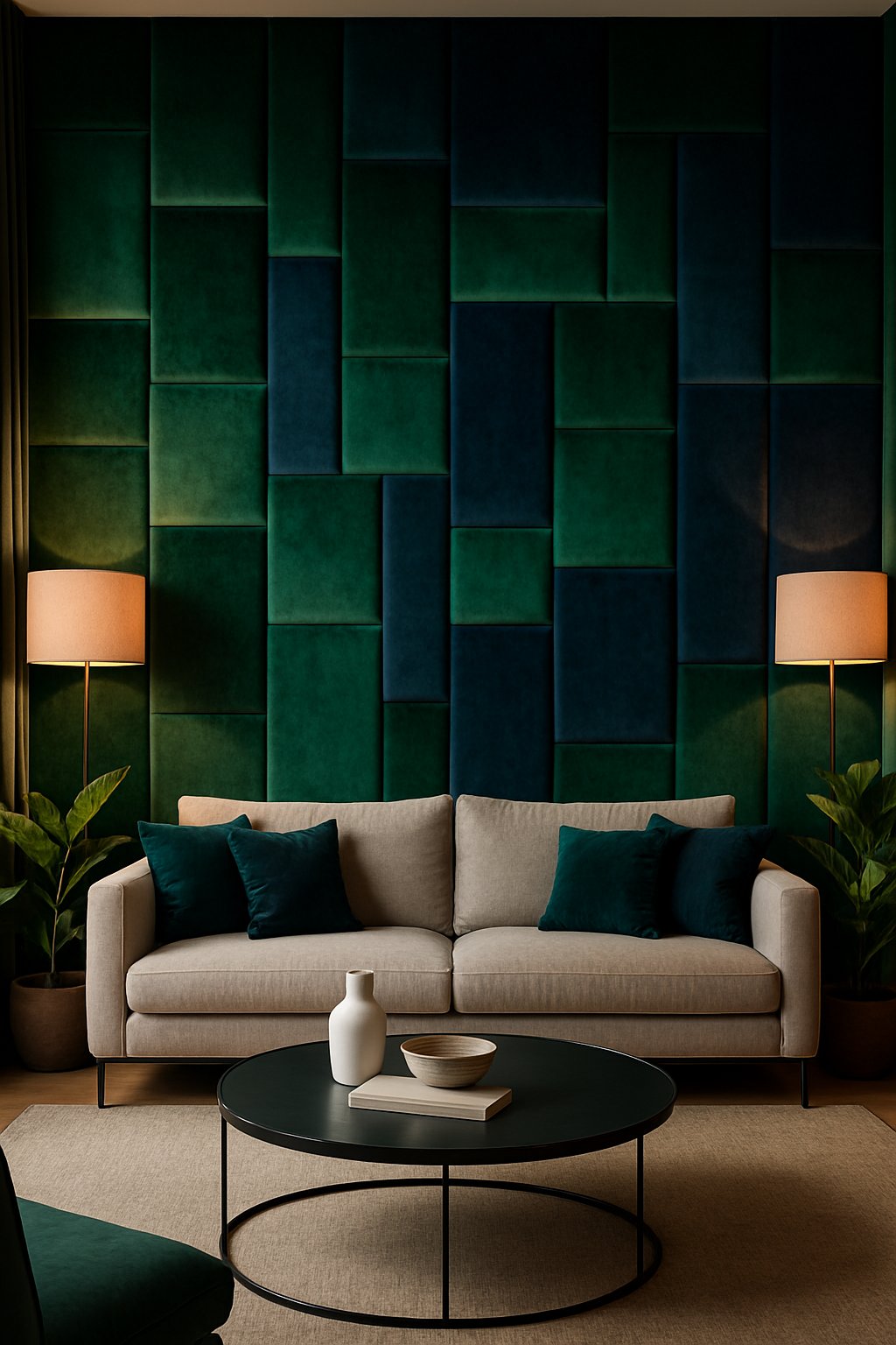 Living room with a large accent wall covered in velvet upholstered panels, a sofa, coffee table, and indoor plants.