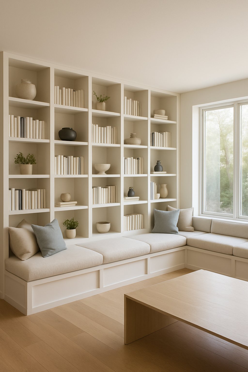 Living room with built-in shelves and cushioned seating benches integrated below them.