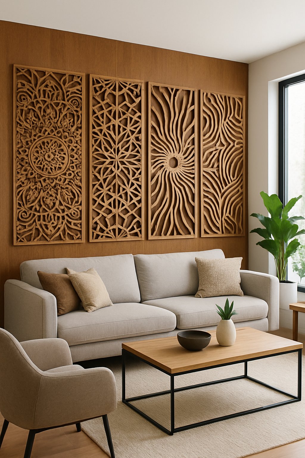 Living room with a large wooden accent wall featuring detailed laser-cut designs, modern furniture, and natural lighting.
