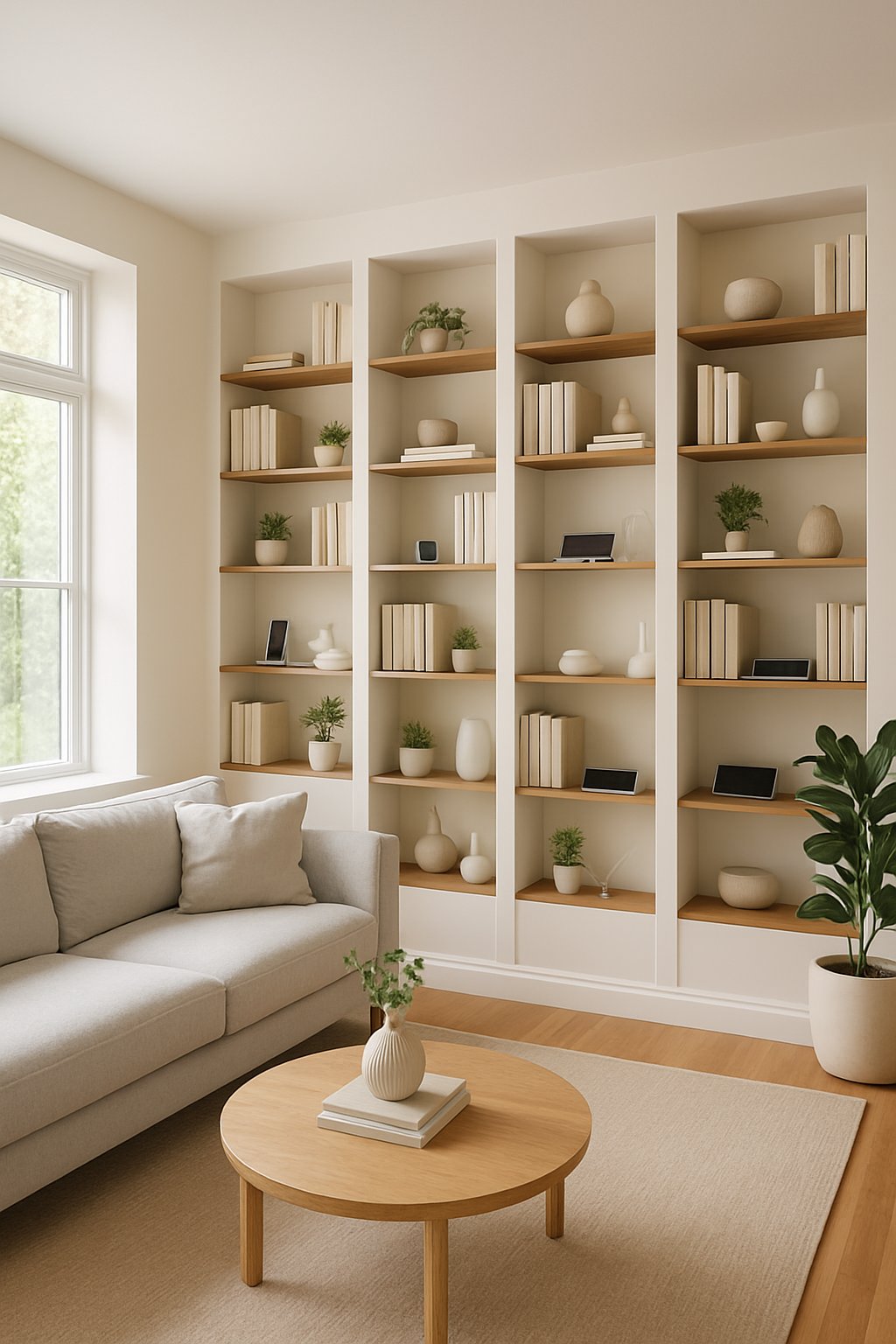 Living room with 23 built-in shelves filled with books and decorative items, featuring hidden charging stations integrated into the shelves.