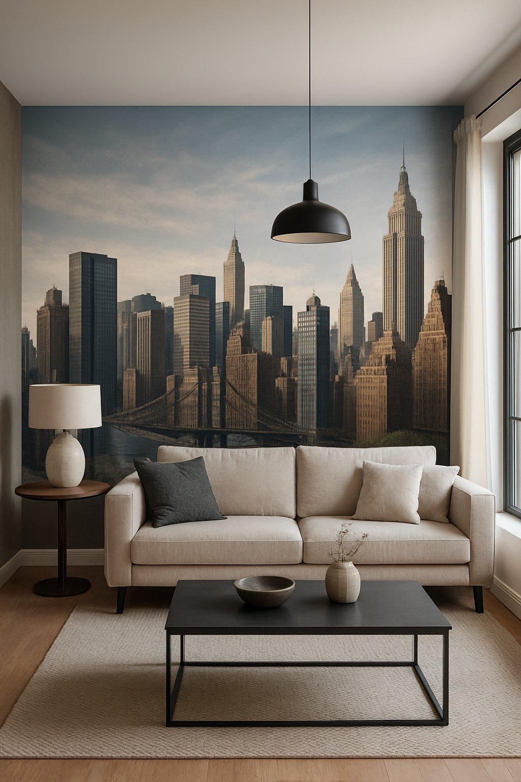 Living room with a large wall mural showing a detailed city skyline behind a sofa and coffee table.