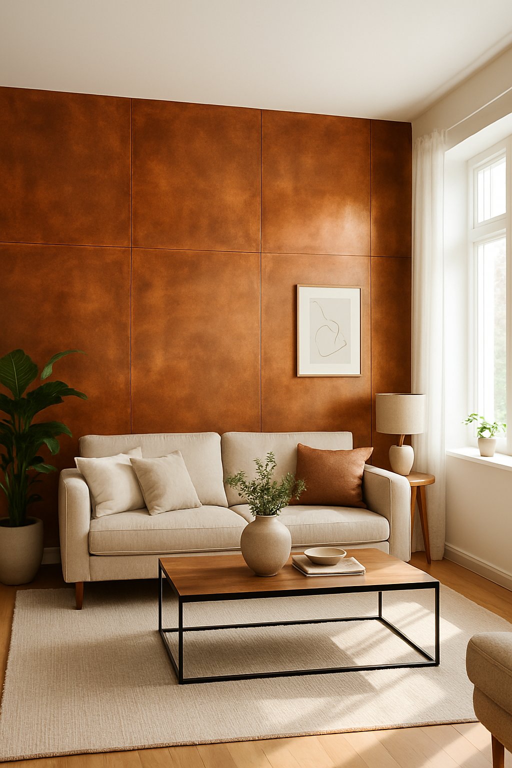 Living room with a large copper sheet accent wall, sofa, coffee table, plants, and natural light.