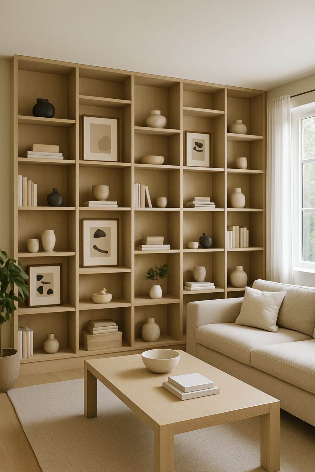Living room with a large built-in shelving unit containing 23 shelves and integrated framed artwork, along with a sofa and coffee table.