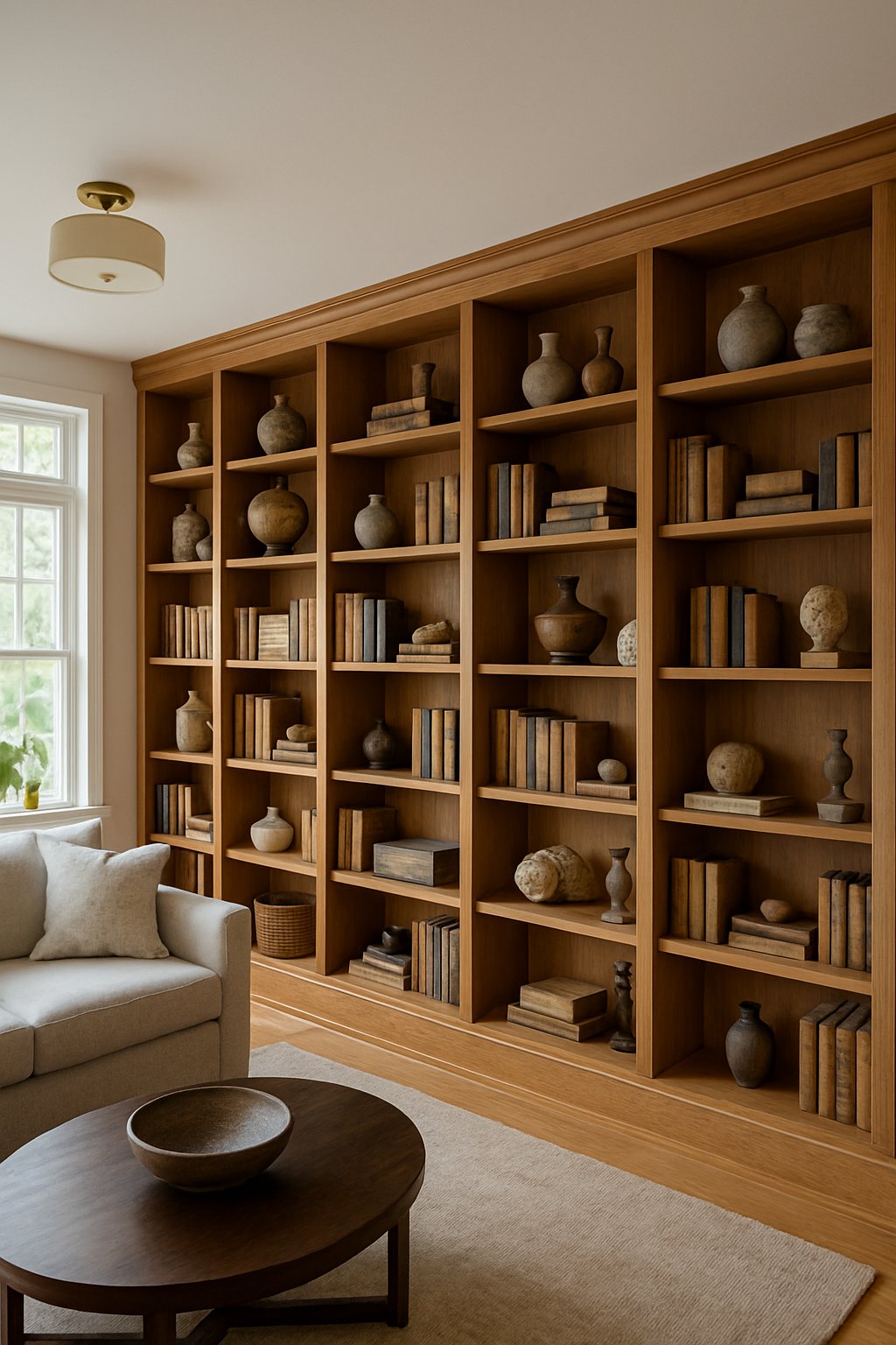 Living room with built-in shelves displaying an antique globe and various collectibles.