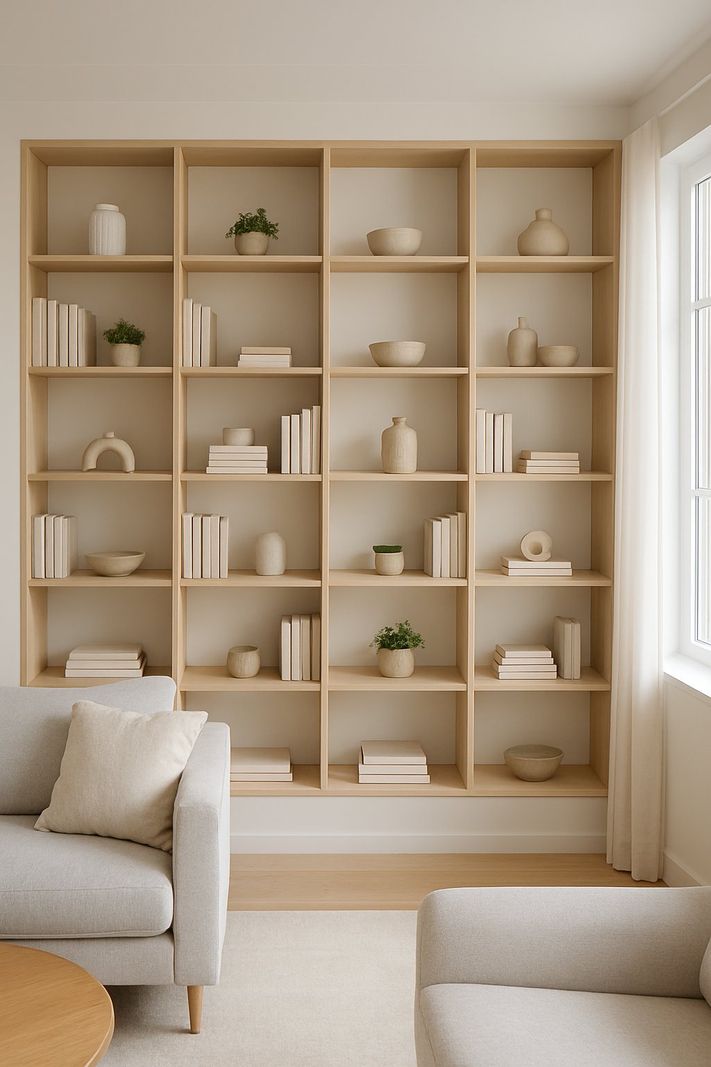 Living room with a wall of built-in shelves filled with books, plants, and decorative items.