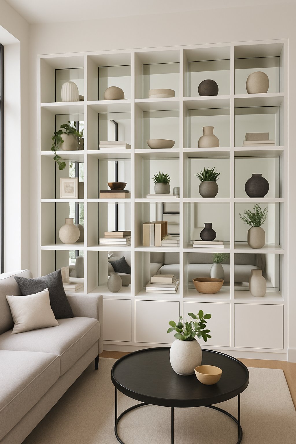 Living room wall with 23 built-in shelves featuring mirrored backings filled with books and decorative items.