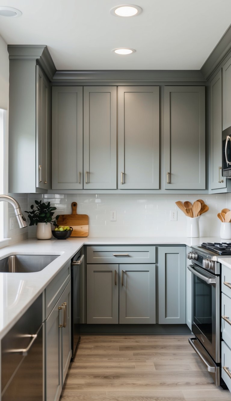 A modern kitchen with soft gray cabinets, sleek countertops, and stainless steel appliances