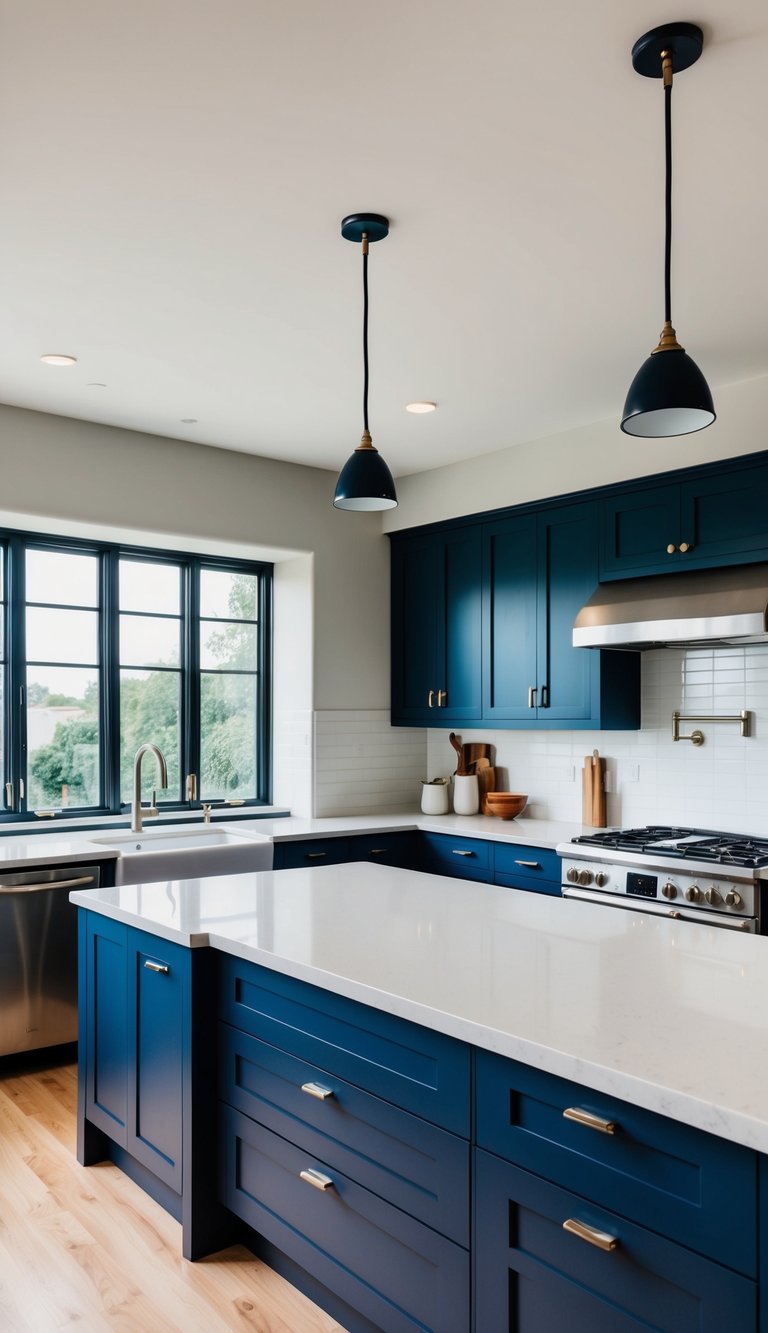 A modern kitchen with navy blue cabinets, sleek countertops, and stainless steel appliances