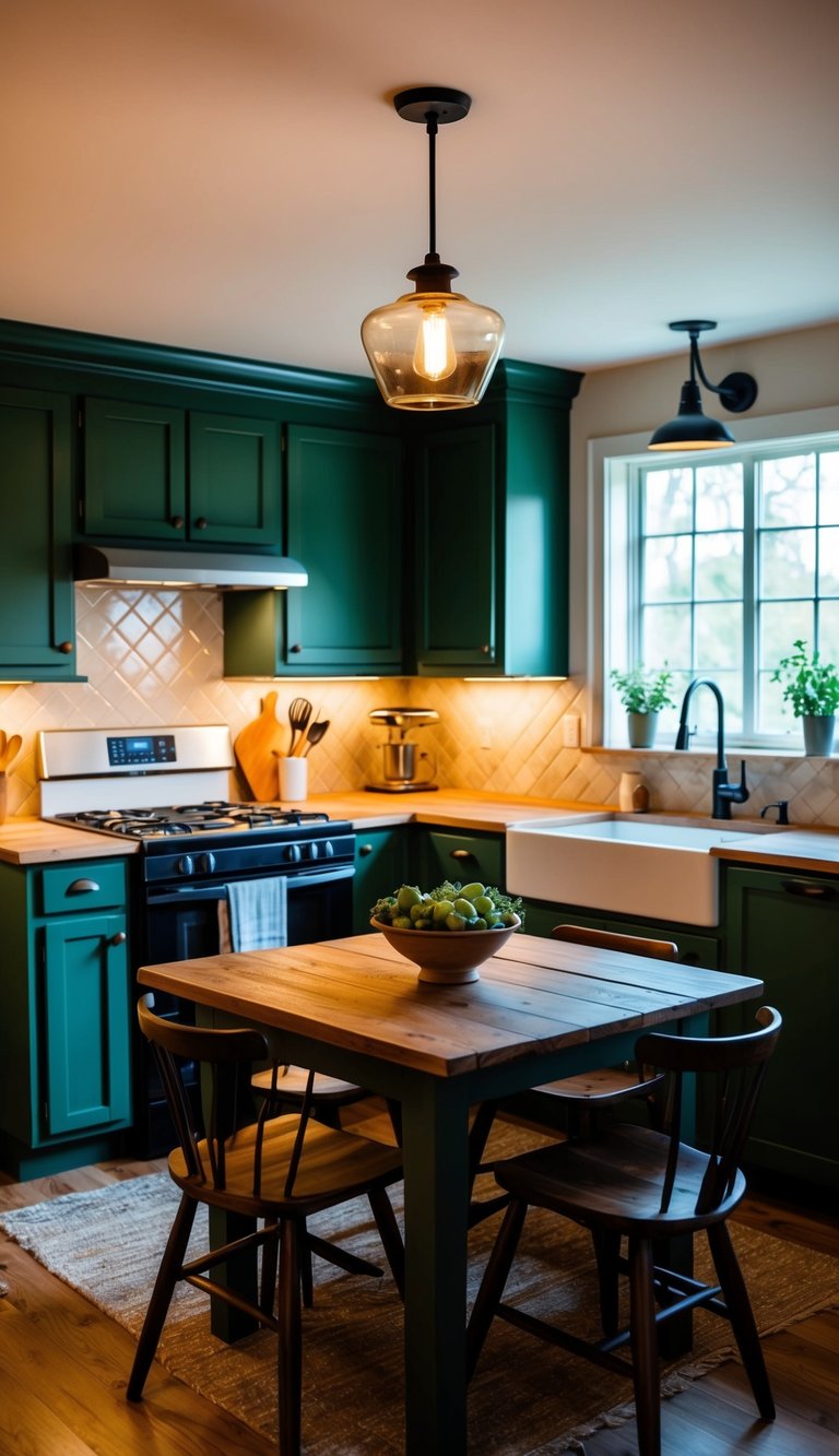 A cozy kitchen with Forest Green 22 cabinets, warm lighting, and a rustic farmhouse table