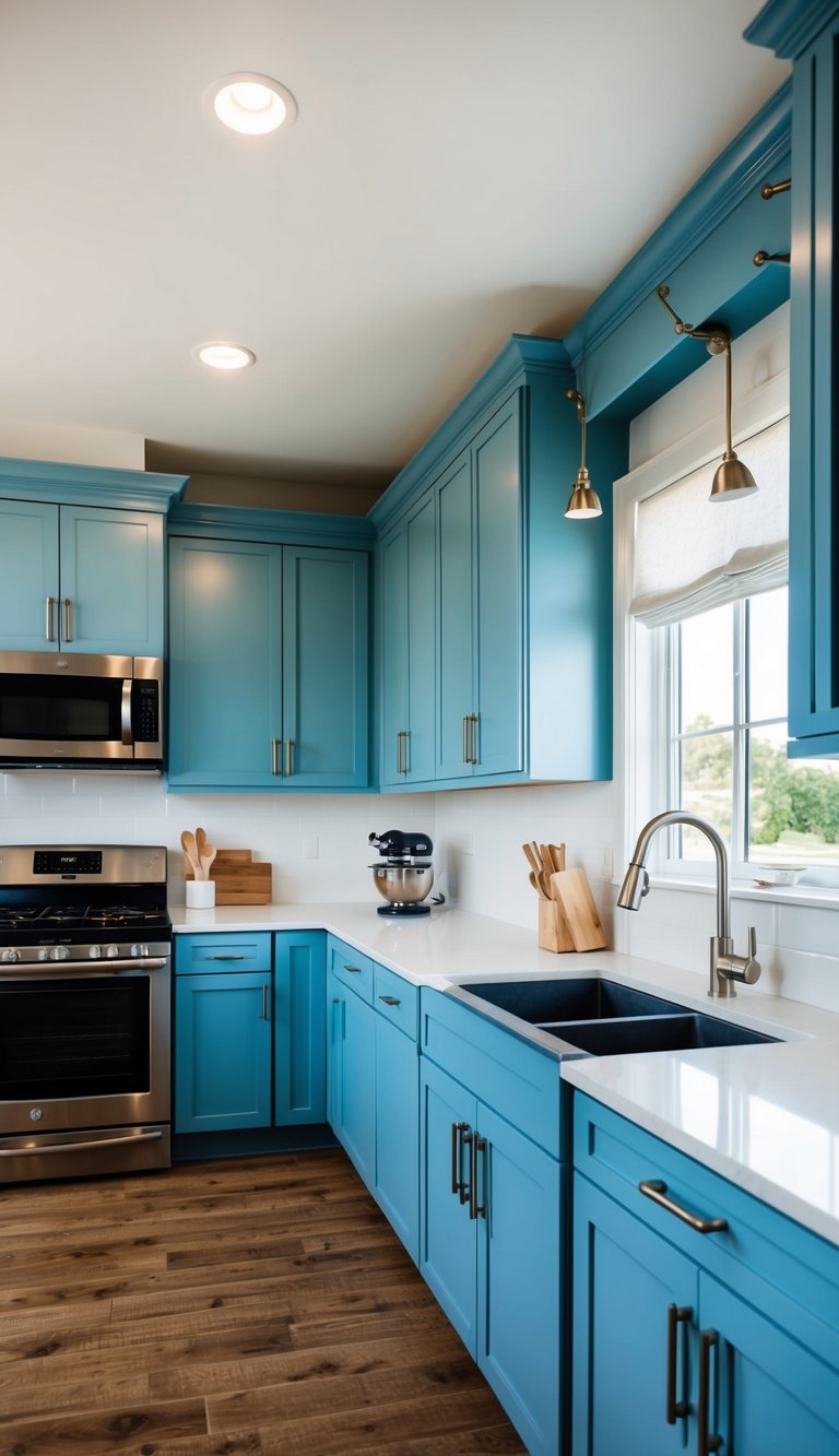 A modern kitchen with sky blue cabinets, white countertops, and stainless steel appliances