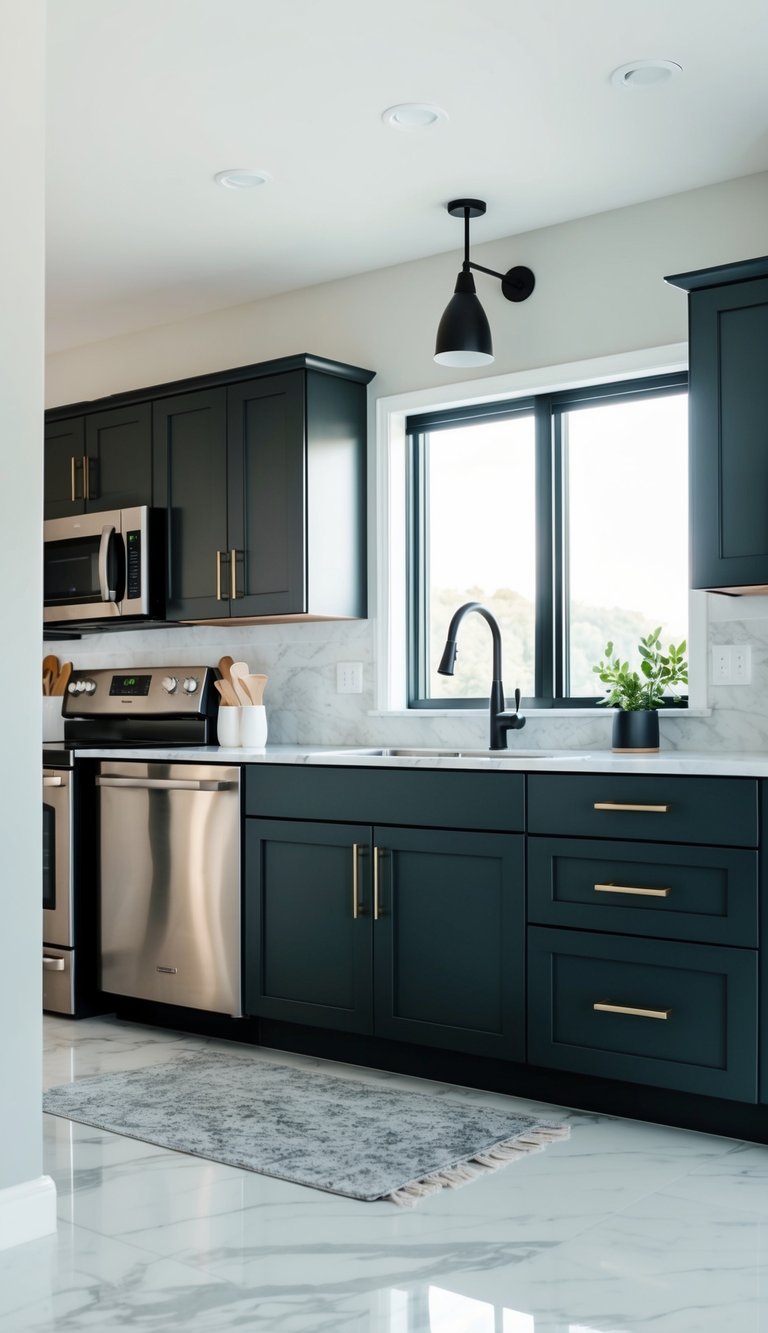 A modern kitchen with sleek, charcoal black cabinets, stainless steel appliances, and marble countertops