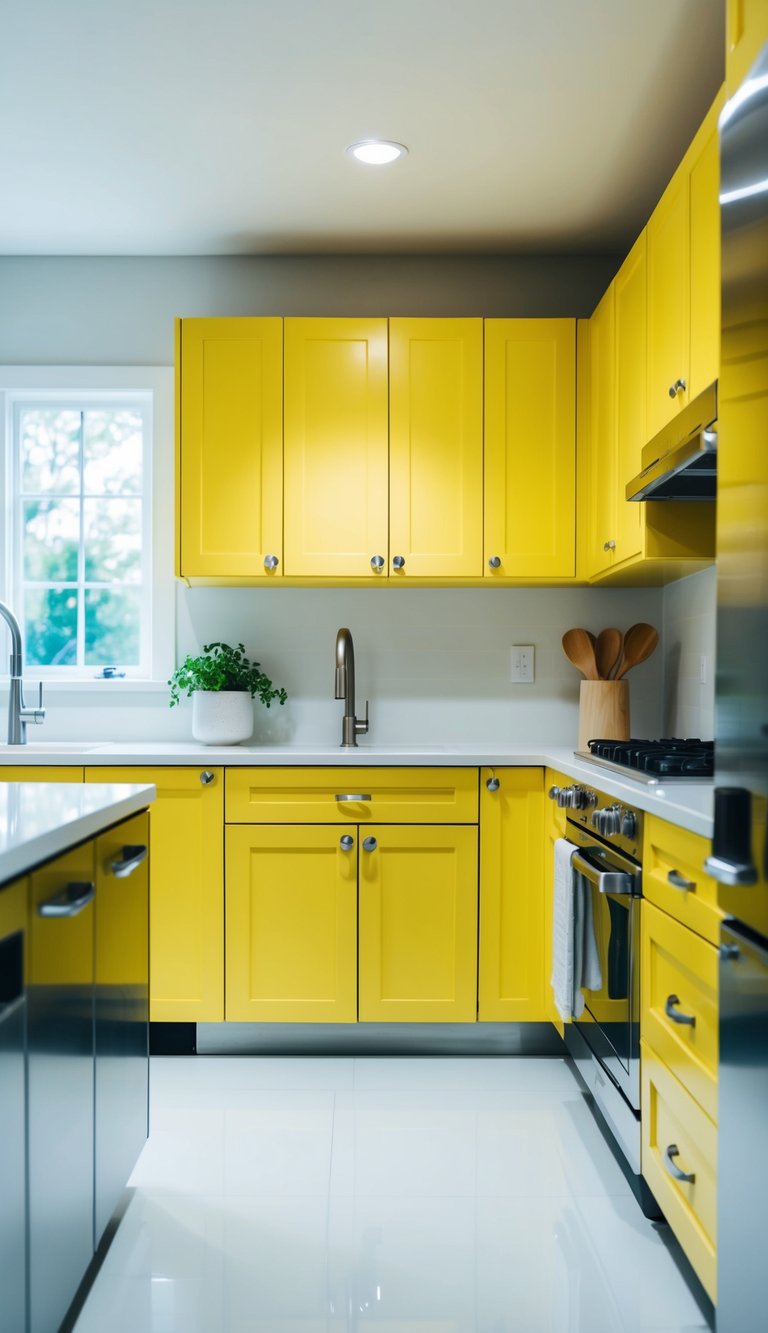 A bright, buttery yellow kitchen cabinet stands out against a clean, modern kitchen with sleek countertops and stainless steel appliances