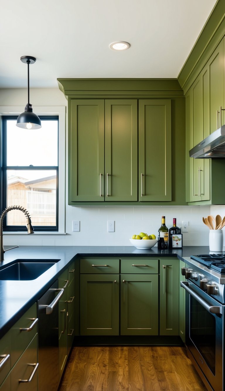 A modern kitchen with olive green cabinets, sleek countertops, and stainless steel appliances