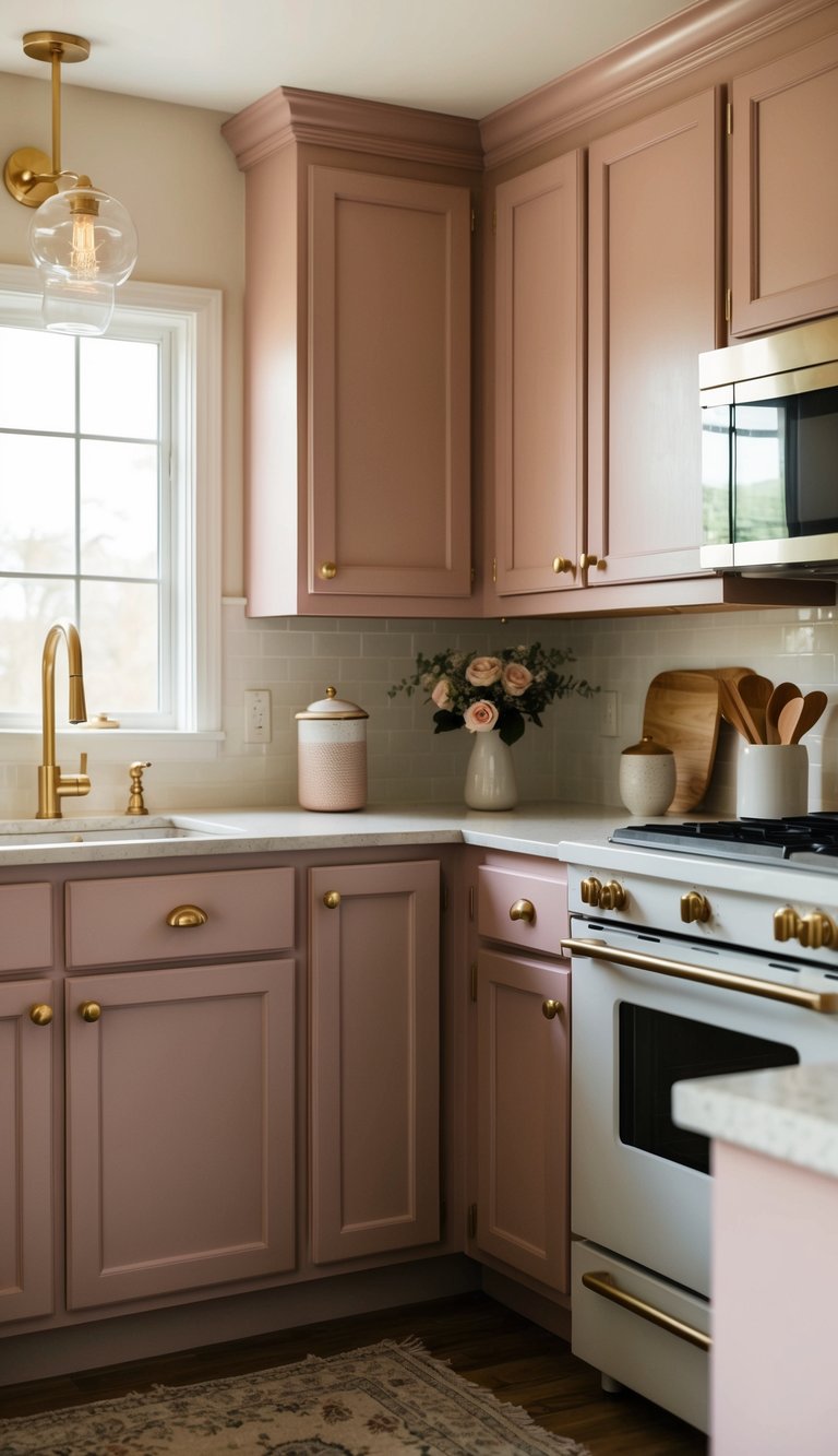 A cozy kitchen with dusty rose cabinets, adorned with gold hardware and illuminated by warm natural light