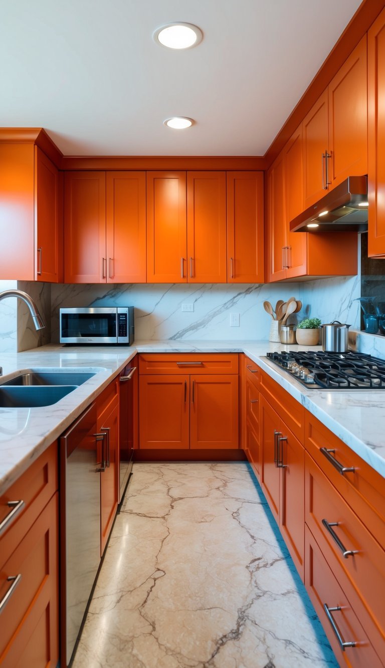 A modern kitchen with burnt orange cabinets, stainless steel appliances, and marble countertops