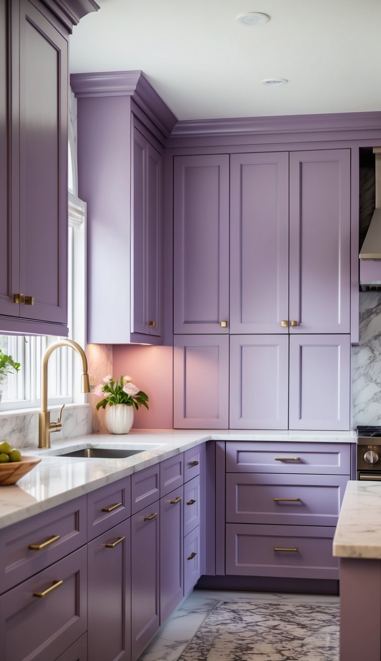 A modern kitchen with lavender cabinets, sleek hardware, and marble countertops