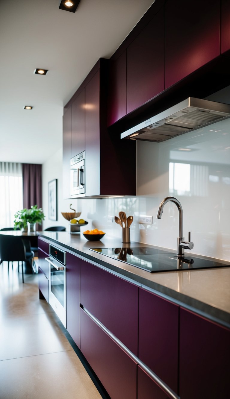 A modern kitchen with deep plum cabinets, sleek countertops, and stainless steel appliances