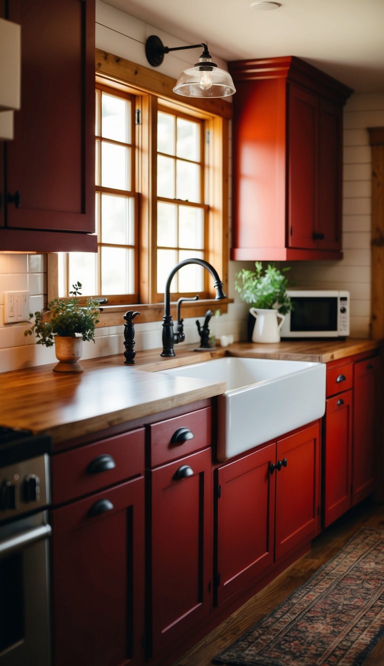 A cozy kitchen with rustic red cabinets, warm lighting, and a farmhouse sink
