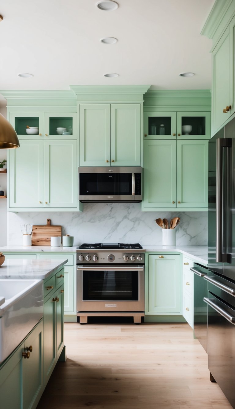 A modern kitchen with pale mint cabinets, stainless steel appliances, and marble countertops