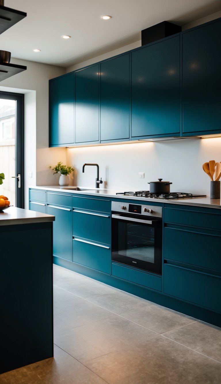A modern kitchen with steel blue cabinets and sleek design
