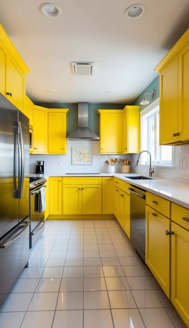 A bright kitchen with sunshine yellow cabinets, contrasting with white countertops and stainless steel appliances