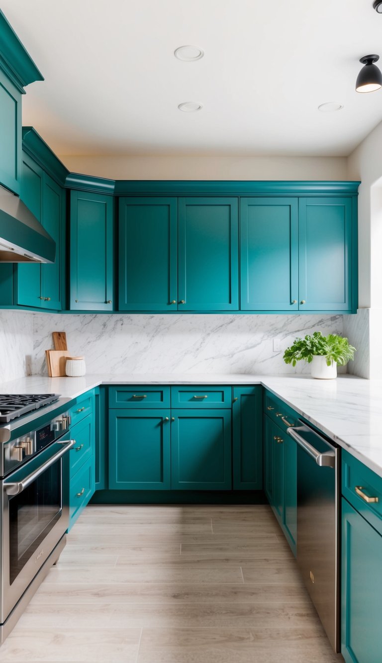 A modern kitchen with Ocean Teal 22 cabinets, stainless steel appliances, and marble countertops