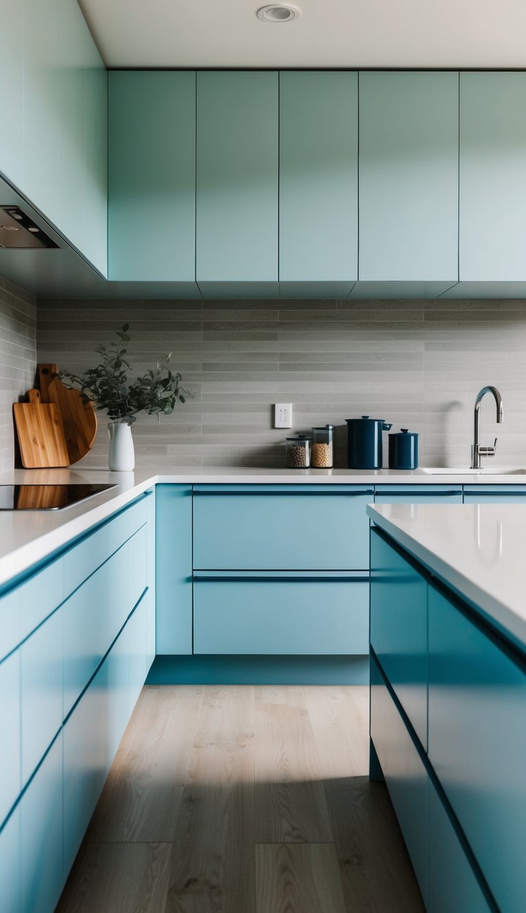 A modern kitchen with powder blue cabinets and sleek countertops