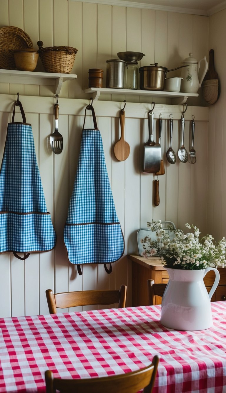 A cozy kitchen with gingham aprons hanging on hooks, vintage utensils displayed on the wall, and a checkered tablecloth on a wooden table