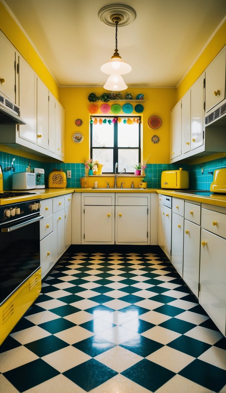 A vintage kitchen with checkered linoleum flooring, adorned with retro appliances and colorful decor
