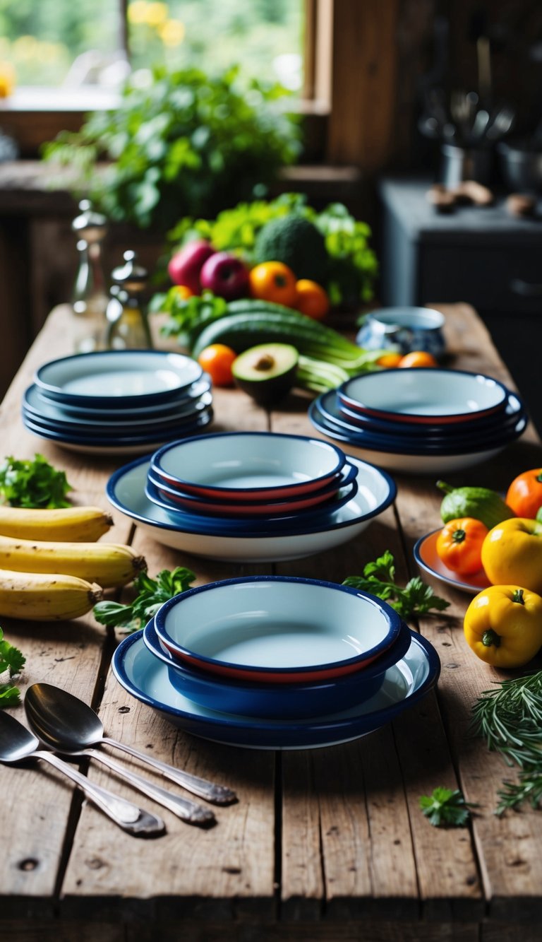 A vintage enamelware dish set arranged on a rustic wooden table, surrounded by kitchen utensils and fresh produce